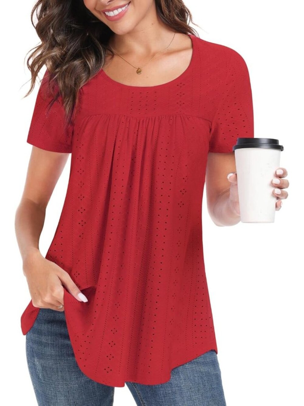 Women's Red Elegant Crew Neck Short Sleeve Summer Casual Loose Fit Tunic Tops